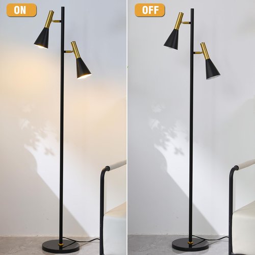 Asmymhd Modern Floor Lamp with 2 Adjustable Head Tall Pole Uplight for Living Room, Bedroom, Office,Gold and Black Corner Light for Reading (Black and Gold)