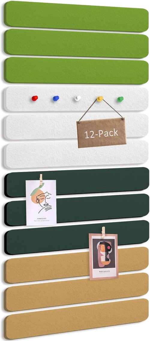 Cork Board Alternative Felt Strips by Skiennix - 12-Pack Adhesive Wall Boards with 30 Push Pins | Army Green, Dark Green, Light Camel, Longan Yellow
