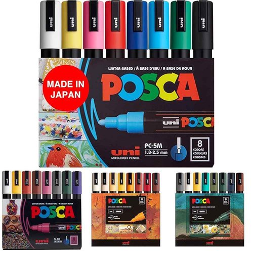 posca Markers Bundle, 24 Medium Paint Markers 5M - 8 Dark Tones + 8 Warm Tones + 8 Multicolor Tones