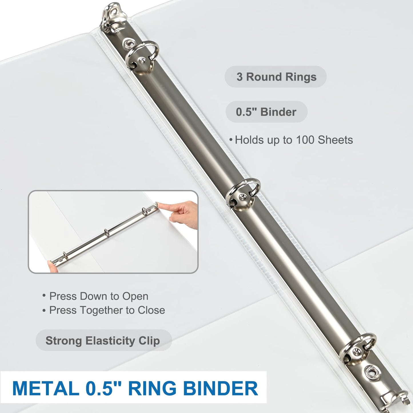 1/2 Inch 3-Ring Binder, 0.5-inch Round Ring Binder with 2 Inside Pockets, 12 Pack White Binders, Clear View CoverBinder Holds 8.5'' x 11''Paper for Office/Home/Back to School