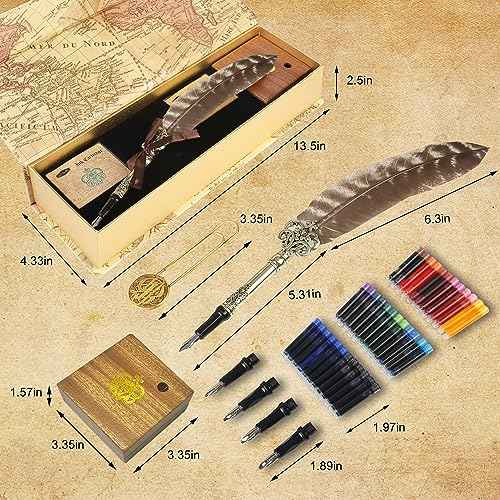 GC QUILL Calligraphy Feather Fountain Pen and Ink Set, Quill Pen with 5 Varied Nibs and Ink Cartridges, Calligraphy Set for Beginners ? MU-15