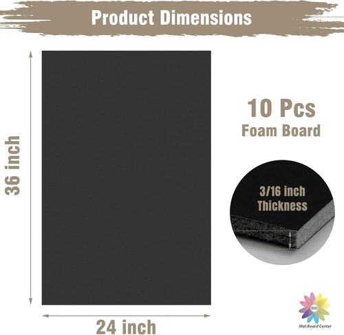 Mat Board Center | Acid-Free Foam Boards - Pack of 10, 24x36 Inch Black, 3/16" Thick