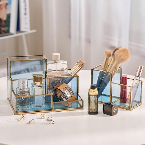 FONDAZZA Gold & Blue Glass Desk Organizer - Elegant Office Decor, Aesthetic Makeup Brush Holder, 2-Compartment Pen Holder, Pencil Cup, Vanity & Cosmetic Storage, Desk Accessories for Women