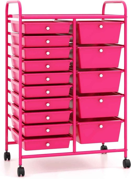 HOMGX 15-Drawer Storage Rolling Cart, Multipurpose Utility Storage Cart w/ 4 Lockable Wheels & Removable Drawers, Plastic Drawer Organizer for Office, Supermarket, Home, School (Hot Pink)