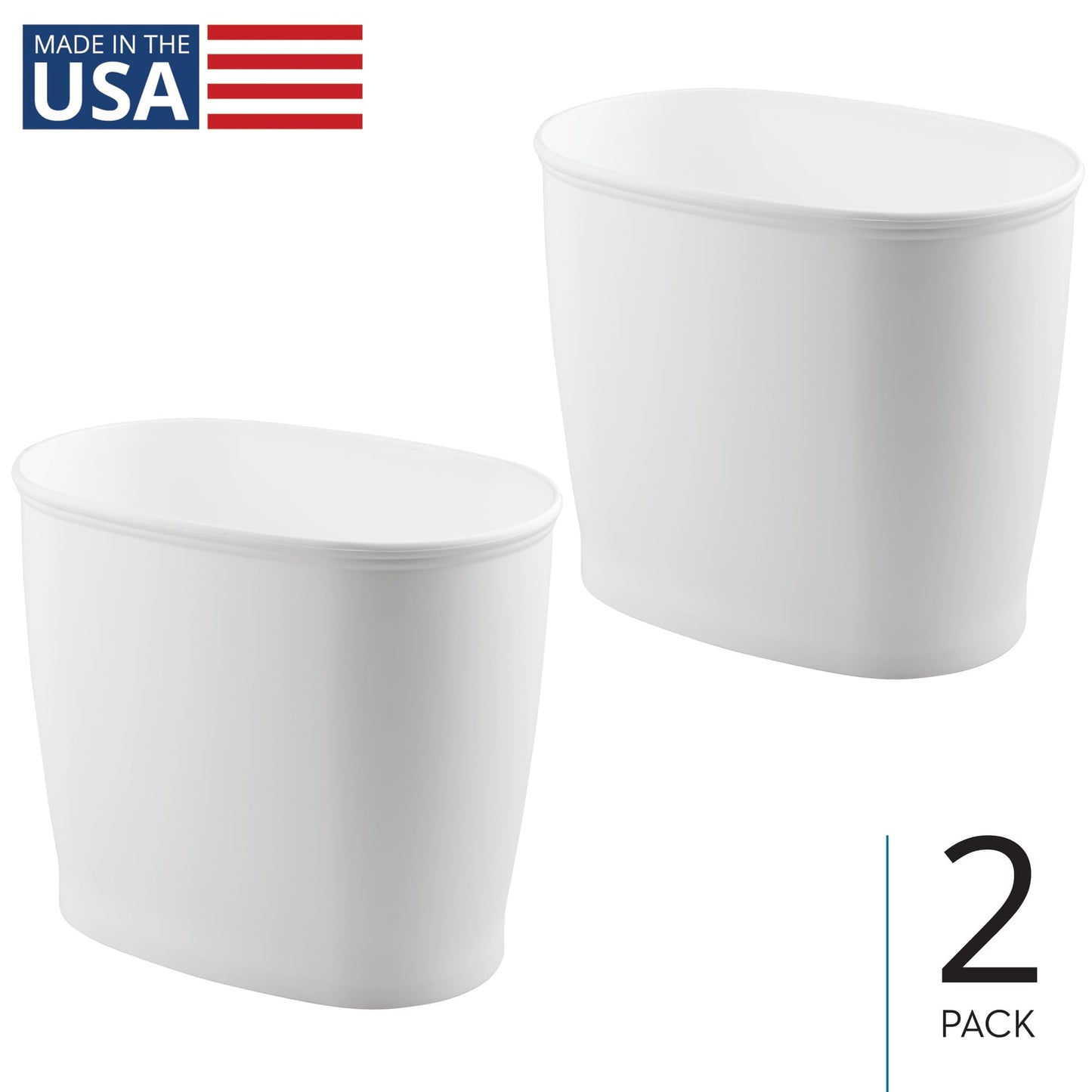 iDesign Slim Plastic Bathroom Trash Can, Small Garbage Bin for Bedroom, Office, Desk, Dorm, 2-Pack, White