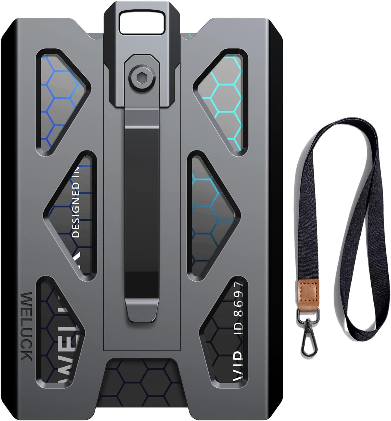 WELUCK Durable Aluminum ID Card Holder Wallet - 4 Cards/ID Badges with Lanyard & Metal Clip | Black
