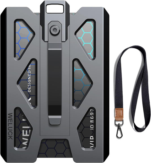 WELUCK Durable Aluminum ID Card Holder Wallet - 4 Cards/ID Badges with Lanyard & Metal Clip | Black