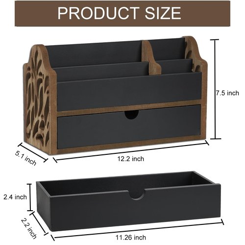 Dhmkfly Desk Organizer with Drawer Wood File Office Mail Organizer Countertop-5 Slot Tabletop Storage Pen Organizer Letter Holder for School Home Office Supplies
