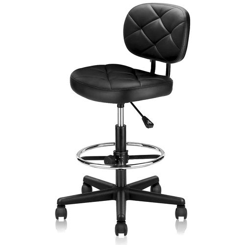 KLASIKA PU Leather Rolling Stool with Foot Rest and Back Support, Adjustable Diamond Upholstered Drafting Chair with Wheels, Multi-Purpose Desk Chair for Home Office Bar Kitchen Shop, Black (1PK)