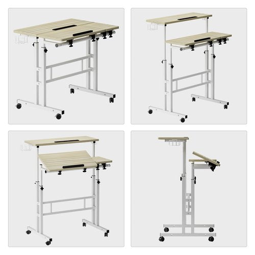 SogesPower 2 Platforms Mobile Laptop Desk Adjustable Side Table Computer Stand for Bed Sofa,Mobile Standing Desk with Cup Holder and Hooks, Maple
