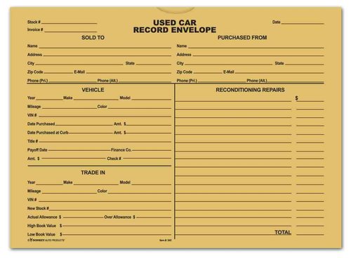 Used Car Record Envelopes - Deal Jackets for Used Vehicles (100 per pack) (Buff)