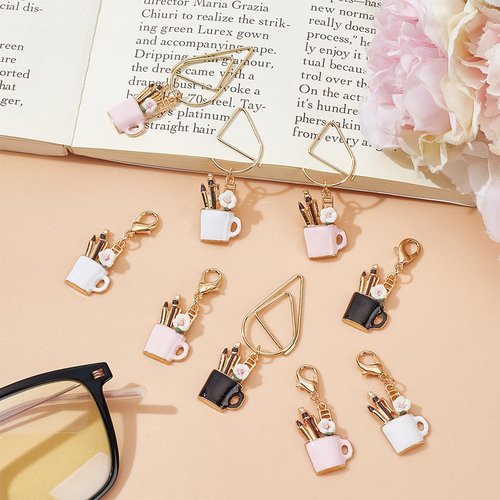 PLIGREAT 9 Pcs Alloy Paperclips with 9 Pcs Enamel Pen Charms Creative Decorative Paper Clips Cute Pendant Bookmarks Mixed Paper Clamps for Document Organizing Scrapbooks Office School Supplies