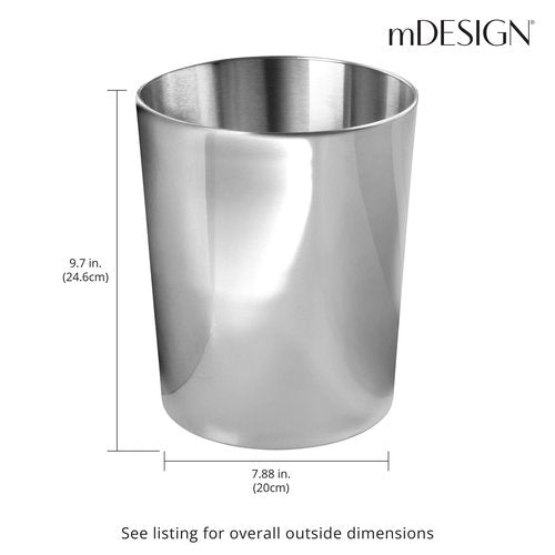 mDesign Round Metal Small 1.7 Gallon Recycle Trash Can Wastebasket, Garbage Container Bin for Bathrooms, Kitchen, Bedroom, Home Office - Durable Stainless Steel - Mirri Collection - 2 Pack - Polished