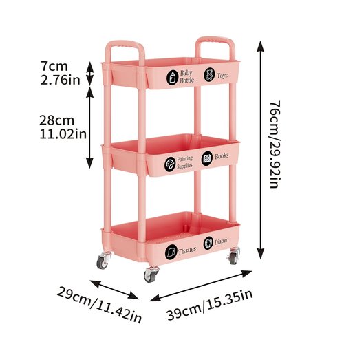 Laiensia 3-Tier Rolling Cart with Wheels,Multifunction Utility Storage carts, Kitchen Storage Organizer,Mobile Shelving Unit for Bathroom,Laundry,with Classified Stickers,Pink