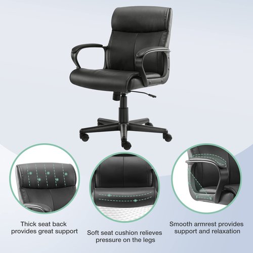 MCQ Mid Back Office Chair Swivel Executive Chair with Armrests, Leather-Padded Ergonomic Chair with Lumbar Support, PU Leather Computer Chair for Adults, Dark Black, Small Size