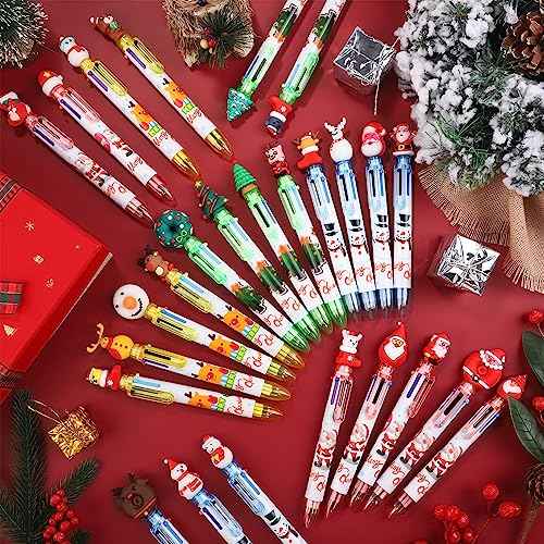 Aodaer 60 Pieces Christmas Ballpoint Pens 6-In-1 Multicolor Retractable Ballpoint Pens Christmas Tree Snowman Reindeer Santa Claus Christmas Party Gifts for Office School Class