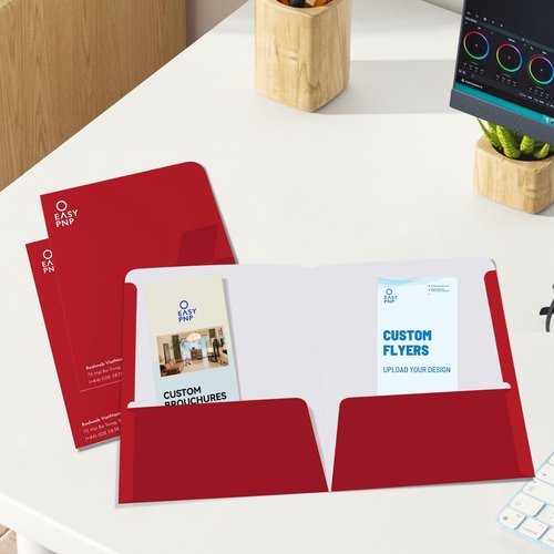 EASYPNP 100 Pack Custom Folders, Custom Logo Folder, Business Folder with Logo, Paper Folder with Two Pockets, Document Holders, School Folders, Holds 8.5" x 11" Paper, Card Slot, Reinforced Edge