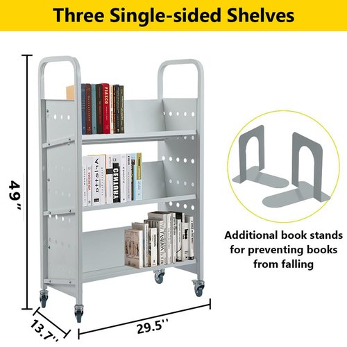Book Cart, 44'' x 29.5'' x 13.7'' Single Sided V-Shaped Library Book Cart, 200LBS Weight Capacity Library Cart with Four Wheels for Home, Office, School, Book Truck in Silver