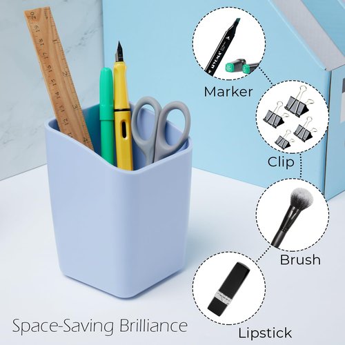 Y YOMA 2 Pack Pen Holder for Desk Cute Plastic Pencil Cup Pen Container Square Organizer Modern Aesthetic Design Desktop Storage Solution for Pens, Pencils, Marker, Makeup Brush, Morandi Blue