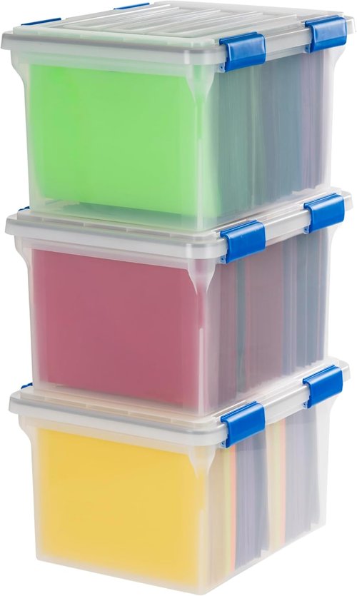 IRIS USA File Box - WeatherPro Document Organizer | Water Resistant, Stackable, Clear/Blue - 32 Qt, 3 Pack