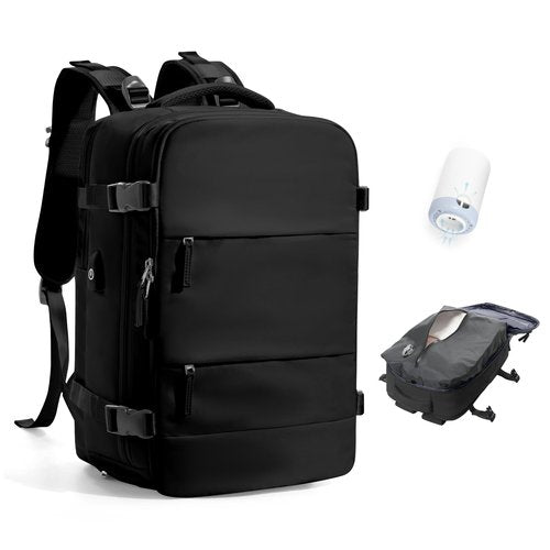 Vacuum Travel Backpack with Pump Women,Personal Item Carry on Backpacks Flight Approved 18x14x8 inches Men,Laptop Waterproof Work Compression bags Casual Daypack Mochila de Viaje Compresion al Black