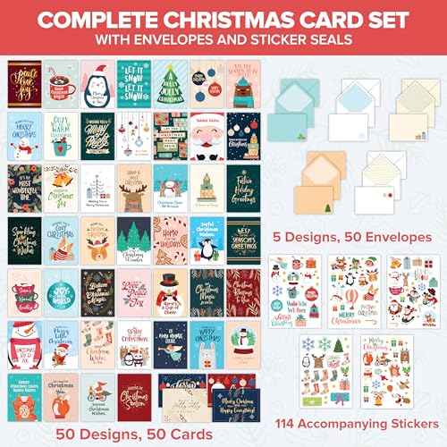 Decorably 50 Pack Foiled 5x7in Assorted Christmas Cards with Envelopes and Stickers, 50 Unique and Festive Designs Bulk Christmas Cards with Envelopes Bulk, with Printed Message Inside