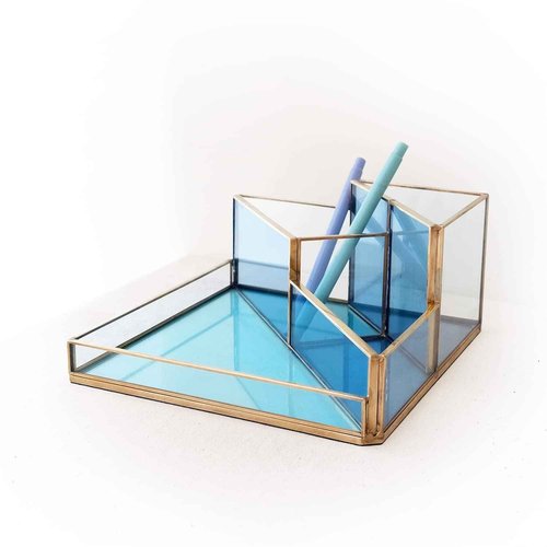 FONDAZZA Set of 3 Gold Desk Organizers for Home Office Supplies, Gold Brass and Blue Glass, 1 Each of 5, 4 & 2-Compartment Storage for Stationery, Cosmetic, makeup tools and Brush.