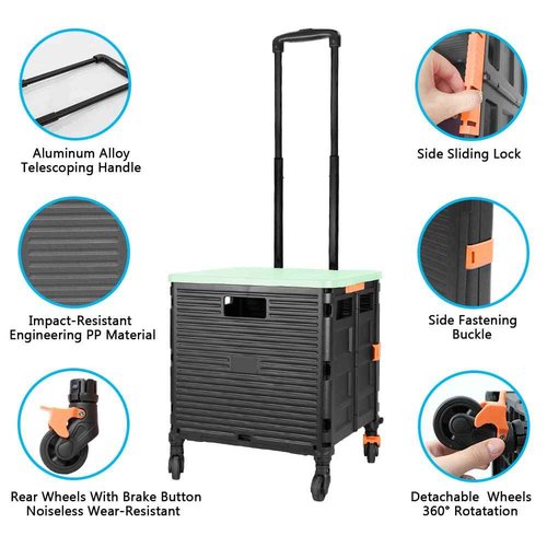 Quick Utility Cart Folding Portable Rolling Crate Handcart with Lid with Durable Heavy Duty Plastic Telescoping Handle Collapsible 4 Rotate Wheels for Travel Shopping Moving Luggage Office Use-Green