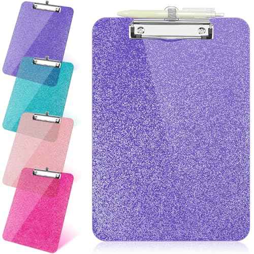 1 Pcs Clear Glitter Clipboards, Plastic Clipboard with Pen Holder,Size 8.85 x 12.4 in Shiny Clipboards with Low Profile Clip,Cute Hanging Clipboard for Office School Supplies Sparkly Clip board-Purple