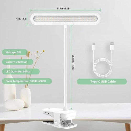 Deaunbr Clip-On Light - Eye-Caring 66 LEDs Reading Light with 4 Brightness Levels | Rechargeable Desk Lamp for Home & Office