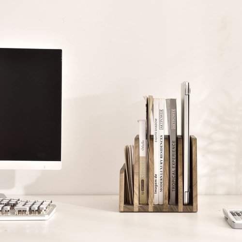 KIRIGEN Wooden Desk Mail Organizer 5 Slots File Paper Holder Desktop Wood Document Letter Holder Organizer for Home Office Dark Brown (5KWJJ-DBR)