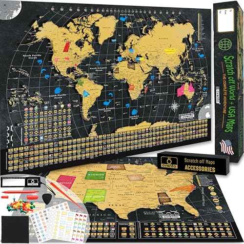 OVANTO Scratch Off World Map + USA Map ? 17x24¡± Wall Travel Posters with 196 Flags, Gold Foil, Pins & Accessories ? Premium Gift Box for Travelers, Couples, Home or Office Decor
