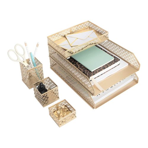 BLU MONACO Gold Desk Organizer Set for Women – 6-Piece Interlocking Office Supplies Set, Pen Cup, 3 Accessory Trays & 2 Letter Trays, Gold Paper Tray Holder