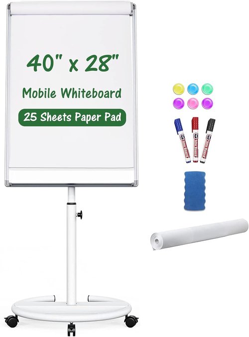Mobile Dry Erase Board - 40x28 Inch Magnetic Whiteboard with Adjustable Stand & 25 Sheets Paper Pad