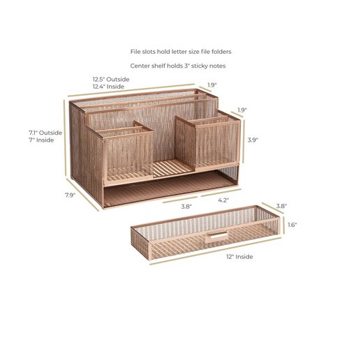BLU MONACO Rose Gold Desk Organizer with Sticky Note & File Holder – Office Accessories & Workspace Storage, Vanity & Bathroom Countertop Organizer