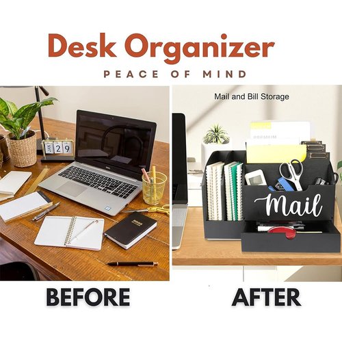 Niciksty Wood Desktop Mail Organizer, Fantasyon Mail Organizer Countertop with 6 Compartments and Drawer, Wood Desk Drawer Organizer for File Letter Paper Folder, White