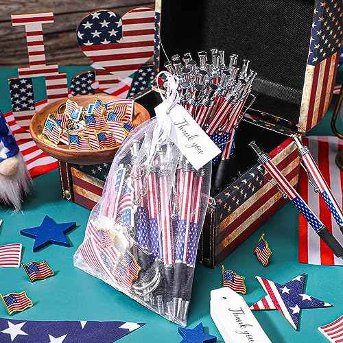 Qilery 250 Pcs Veterans Day Style American Flag Lapel Pins Ballpoint Pen Independence Day Flag Keychains Thank You Card Organza Gift Bag for Home School Office 4th of July Party Supplies