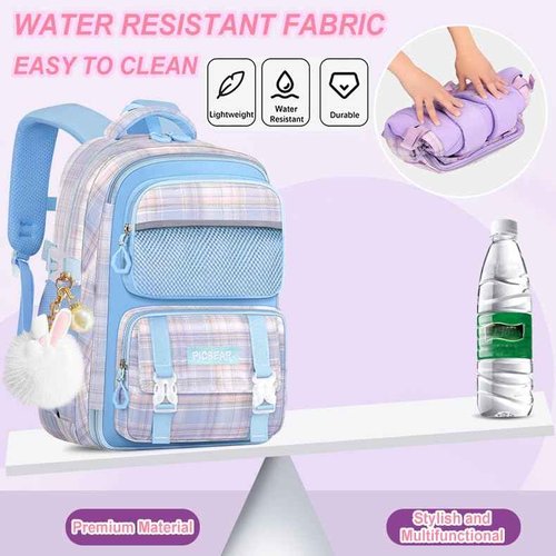 Psecoll 6Pcs Kawaii Backpack Set, Blue Backpack Plaid Laptop Bag Water-Resistant Lightweight Daypack, Large Capacity Double Shoulder Backpack with Chest Strap (Blue)
