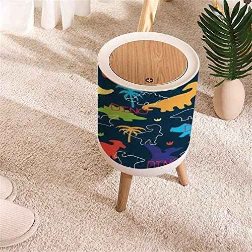 Small Trash Can with Lid Seamless Colorful Dinosaurs Dinosaur Silhouette Round Recycle Bin Press Top Dog Proof Wastebasket for Kitchen Bathroom Bedroom Office 7L/1.8 Gallon