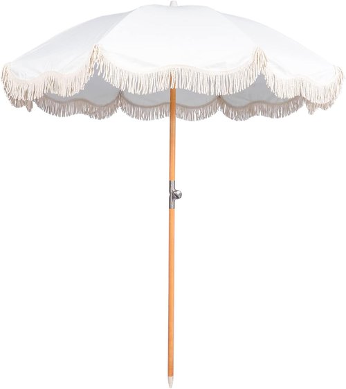 Skiennix 6.5ft Boho Beach Umbrella - UPF 50+ Fringe Design with Carry Bag | Premium Wood Pole for Outdoor Use
