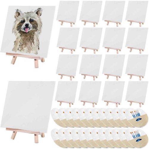 Zonon 120 Pcs Painting Set with Easels Includes 12 Wood Easels 24 Painting Canvas 72 Nylon Hair Brushes and 12 Plastic Palettes with Thumb Hole Art Painting Supplies Kit for Adults (7" X 9.5")