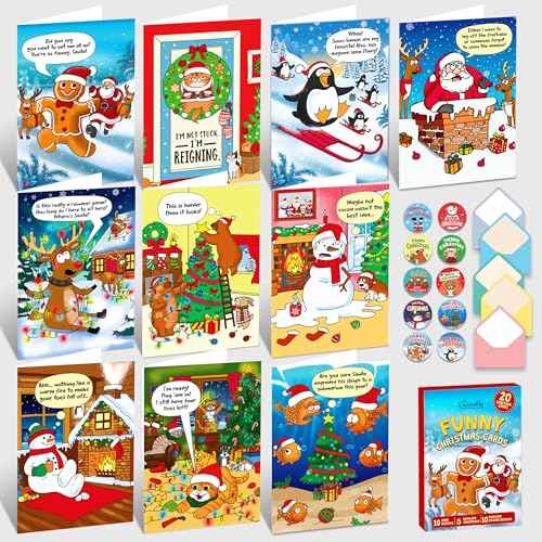 Decorably 20 Pack 5x7in Funny Christmas Cards with Envelopes and Stickers, 10 Charming Designs Christmas Cards Funny with Printed Message Inside