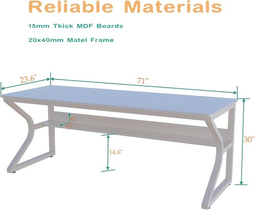 OSCHF Extra Long Desk - 71" Double Writing Table with Bookshelf for 2-Person Workstation | Modern Warm White