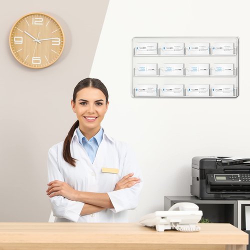 Qunclay 2 Pack 12 Pocket Acrylic Business Card Holder Wall Mount Clear Sticker Display Rack Horizontal Multiple Gift Card Rack Display Stand for Home Document Brochures Hanging Organizing Office Table