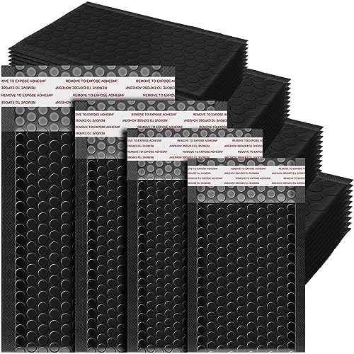 Henoyso 100 Pcs Bubble Mailer 4 Sizes Self Adhesive Black Waterproof Padded Envelopes Cushioning Seal Bubble Shipping Envelopes for Mailing Packaging Small Business Packing Supplies
