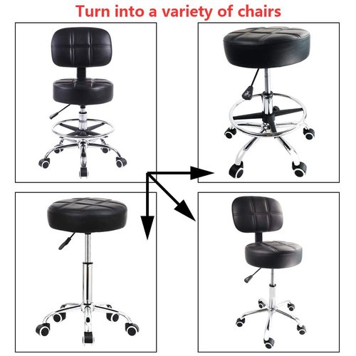 KKTONER Swivel Round Rolling Stool PU Leather with Adjustable Foot Rest Height Adjustable Task Work Drafting Chair with Back (Black)