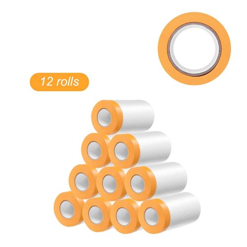 HARFINGTON 12 Rolls Pre-Taped Masking Film 25.6" x65.6ft Tape and Drape Painters Plastic Drop Cloth Film with Tape Plastic Sheeting for Automotive Painting Covering