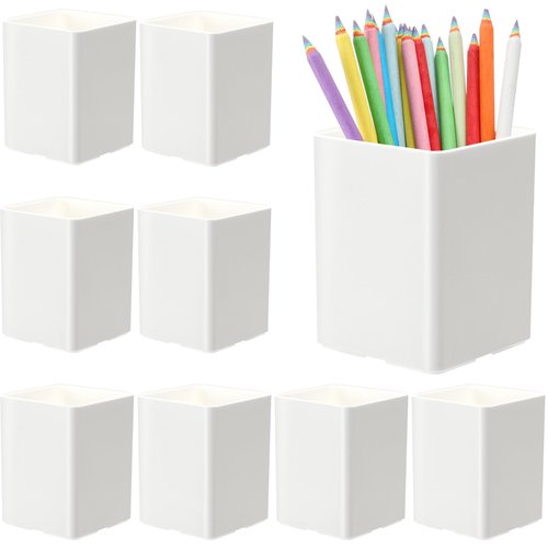 Jutom 8 Pcs White Acrylic Pen Holder for Desk, Pencil Cup Bulk Makeup Brush Storage Organizer, Desktop Pencil Cup Stationery Desktop Stationery Organizer for Office School Home Supplies