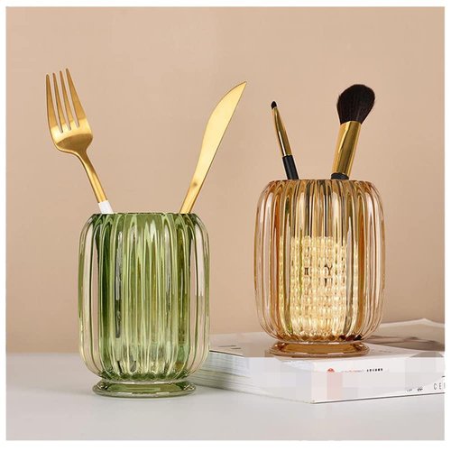 Alipher Makeup Brush Holder Glass Pen Holder Desk Makeup Brush Cup Office Pencil Organizer Unique Brush Storage Holder For Home Office (Green)