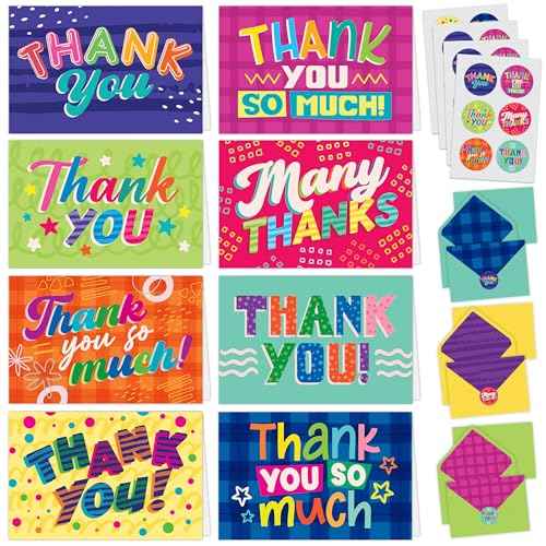 Decorably 24 Pack 6x4in Kids Thank You Cards Kids with Envelopes and Stickers, 8 Fun and Vibrant Designs Kid Thank You Cards with Envelopes, Blank Inside - All Occasion, School Events